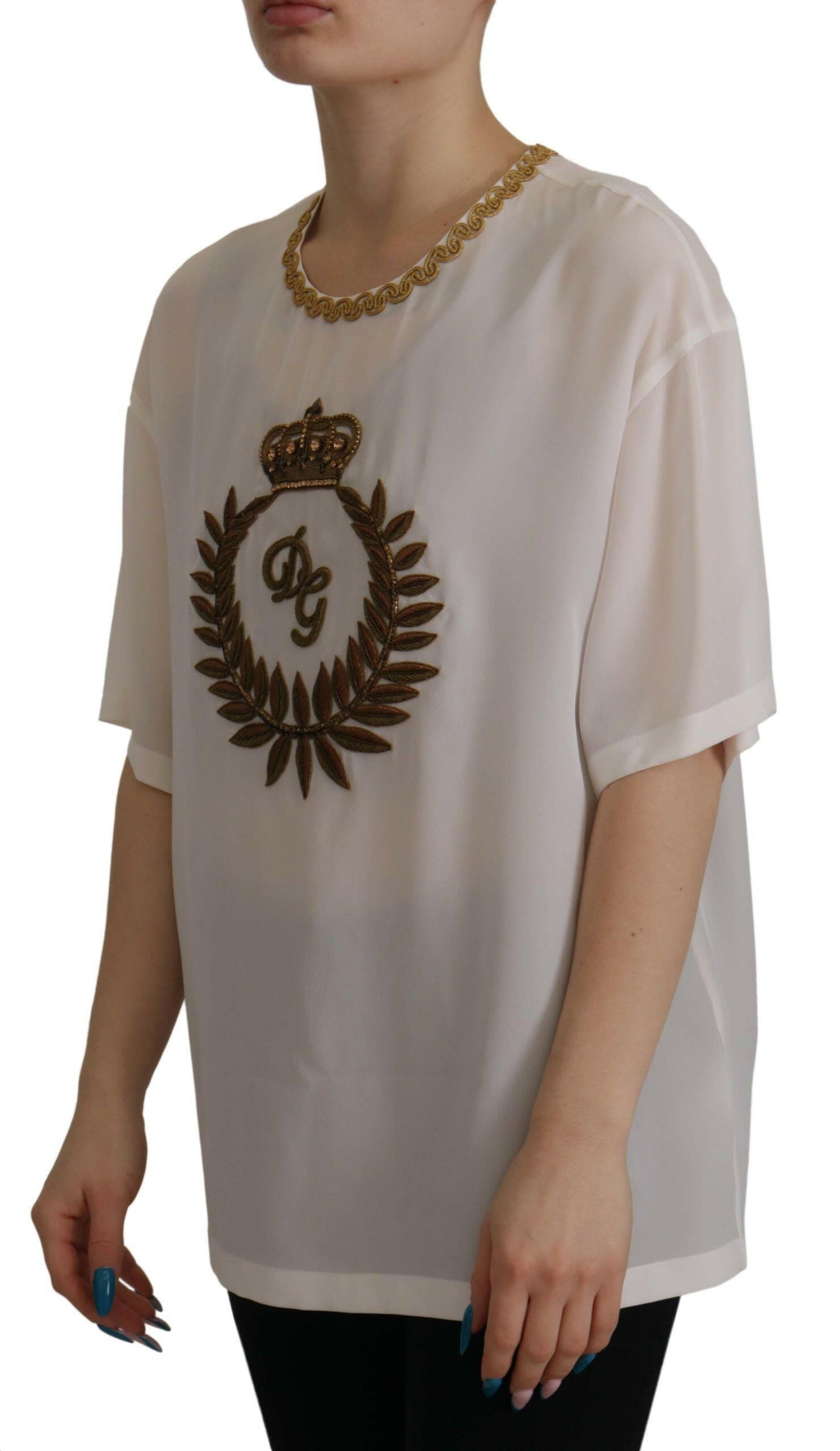 Dolce & Gabbana White Silk Gold DG Crown Crystal Blouse Top -   -  Dolce & Gabbana. Dolce & Gabbana White Silk Gold DG Crown Crystal Blouse Top -   -  Dolce & Gabbana.