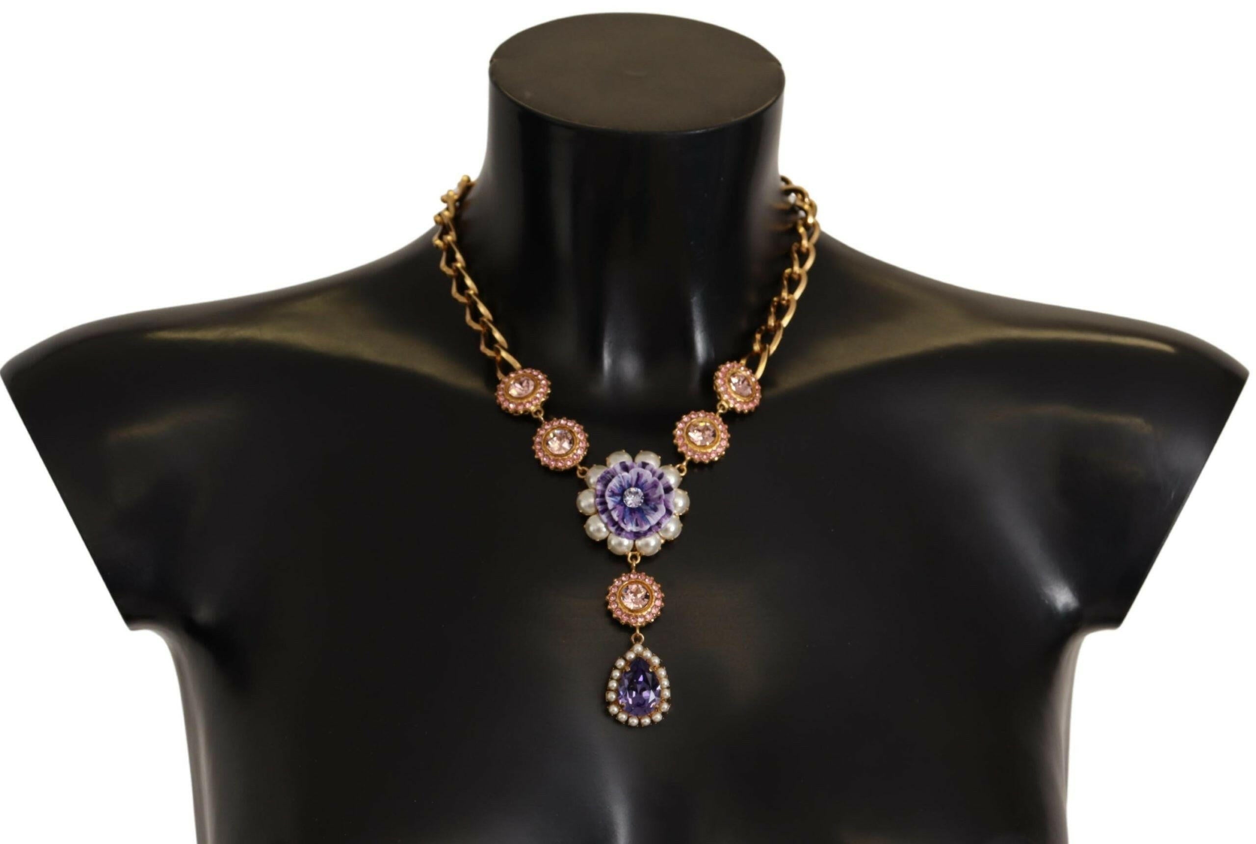 Dolce & Gabbana Gold Brass Crystal Purple Pink Pearl Pendants Necklace -   -  Dolce & Gabbana.