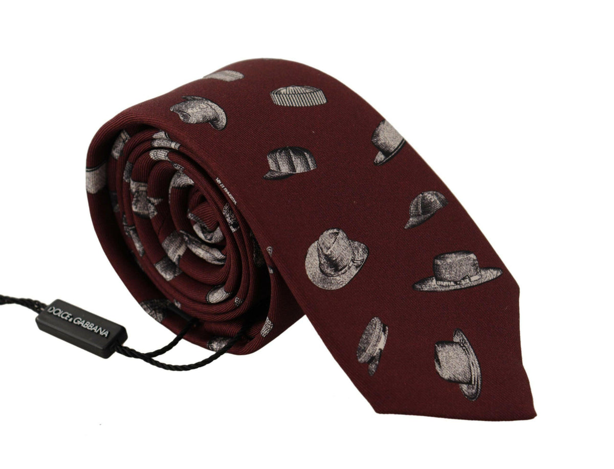 Dolce & Gabbana Maroon Hat Pattern 100% Silk Adjustable Accessory Tie -  Neckties, Men -  Dolce & Gabbana.