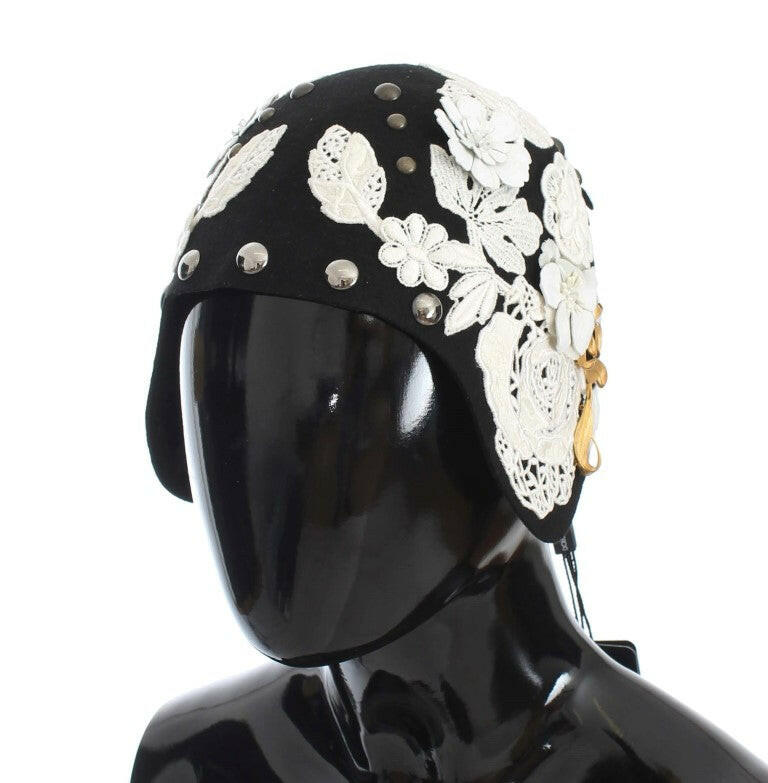 Dolce & Gabbana Black Wool White Floral Gold Leaf Hat -   -  Dolce & Gabbana.