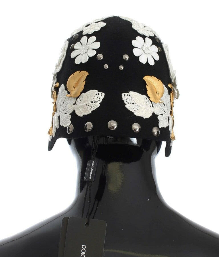 Dolce & Gabbana Black Wool White Floral Gold Leaf Hat -   -  Dolce & Gabbana. Dolce & Gabbana Black Wool White Floral Gold Leaf Hat -   -  Dolce & Gabbana.