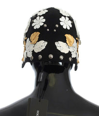 Dolce & Gabbana Black Wool White Floral Gold Leaf Hat -   -  Dolce & Gabbana.