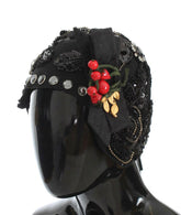 Dolce & Gabbana Black Crystal Gold Cherries Brooch Hat -   -  Dolce & Gabbana.