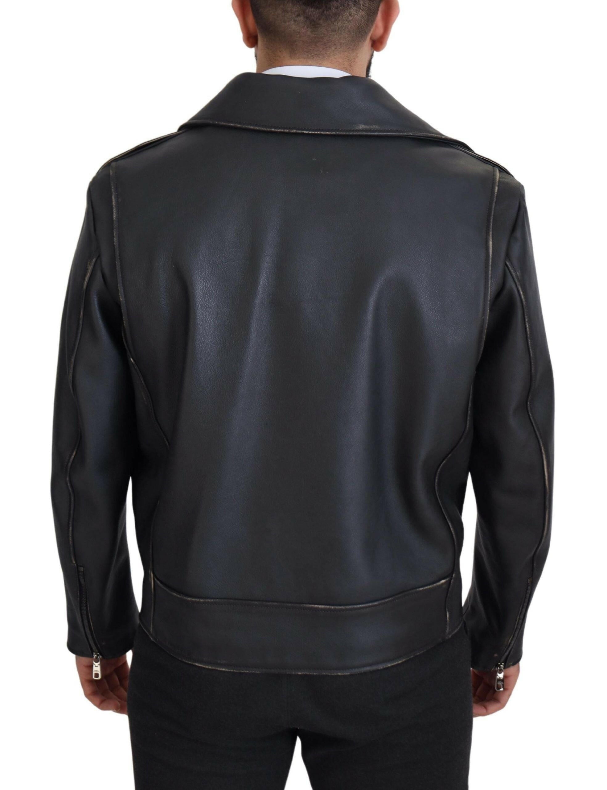 Dolce & Gabbana Black Leather Biker Coat Zipper Jacket -   -  Dolce & Gabbana. Dolce & Gabbana Black Leather Biker Coat Zipper Jacket -   -  Dolce & Gabbana.