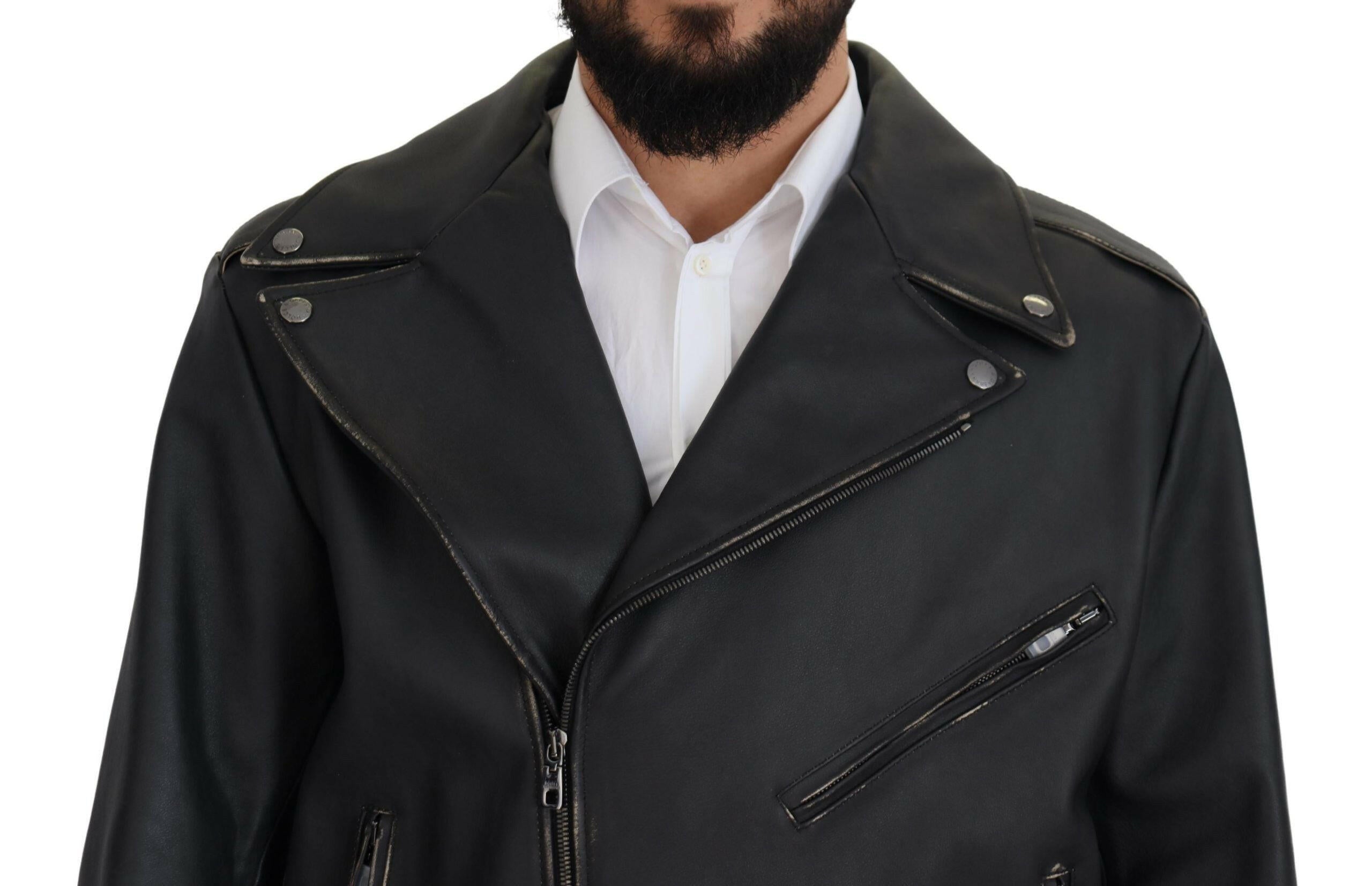 Dolce & Gabbana Black Leather Biker Coat Zipper Jacket -   -  Dolce & Gabbana. Dolce & Gabbana Black Leather Biker Coat Zipper Jacket -   -  Dolce & Gabbana.