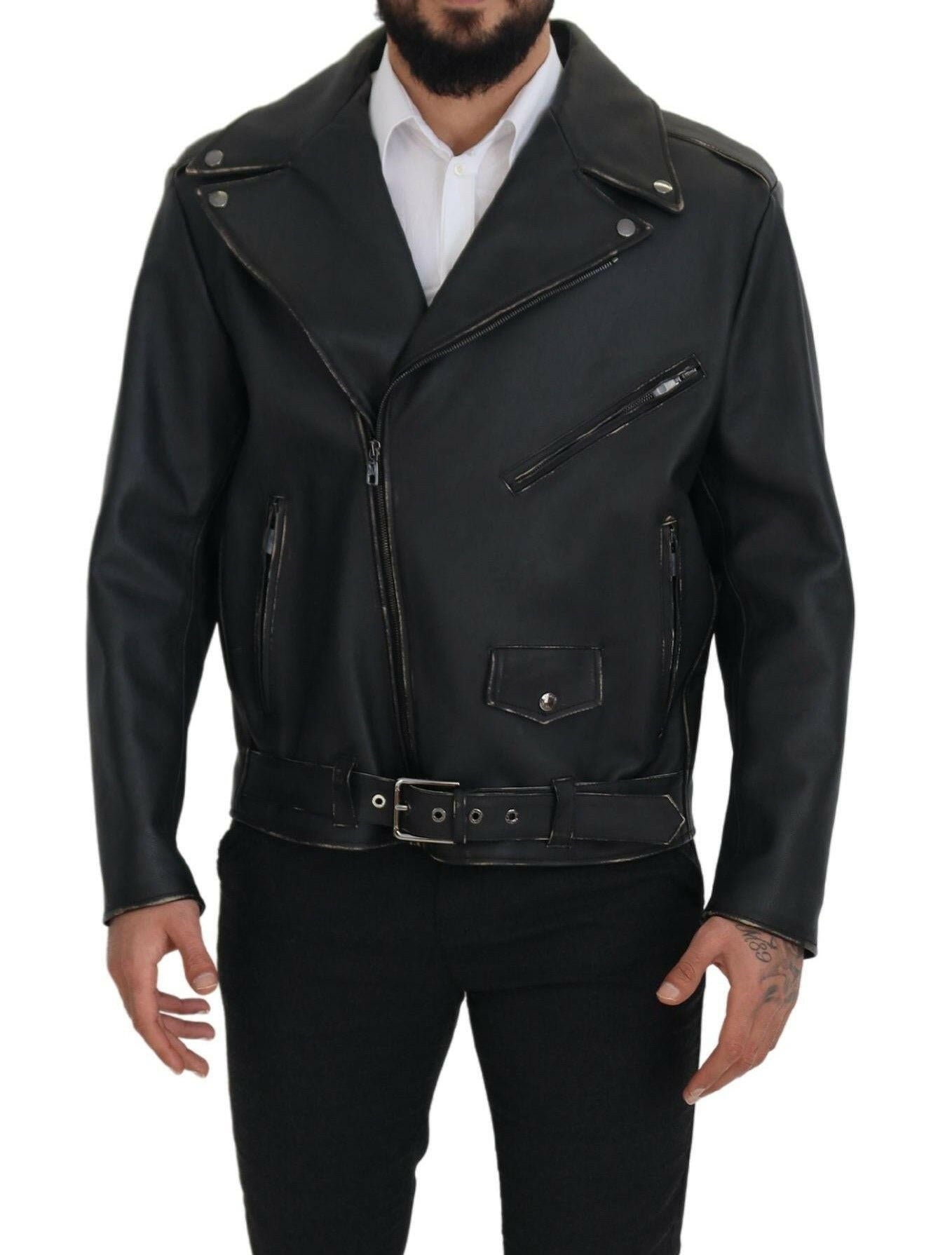 Dolce & Gabbana Black Leather Biker Coat Zipper Jacket -   -  Dolce & Gabbana. Dolce & Gabbana Black Leather Biker Coat Zipper Jacket -   -  Dolce & Gabbana.