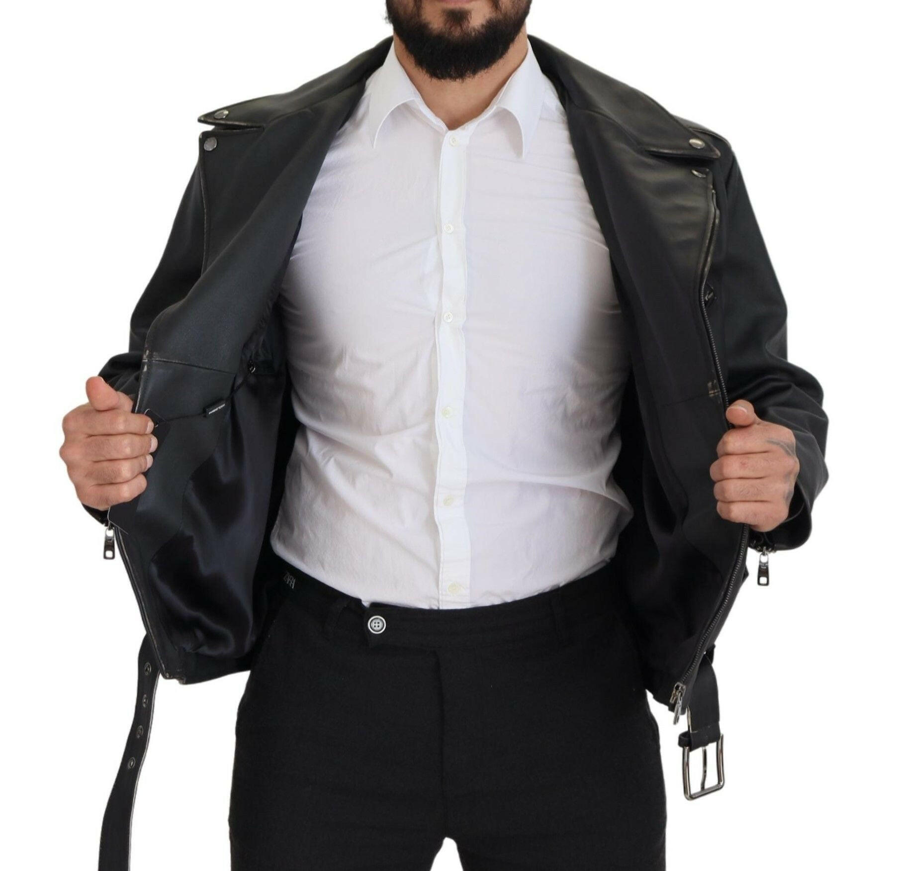 Dolce & Gabbana Black Leather Biker Coat Zipper Jacket -   -  Dolce & Gabbana. Dolce & Gabbana Black Leather Biker Coat Zipper Jacket -   -  Dolce & Gabbana.