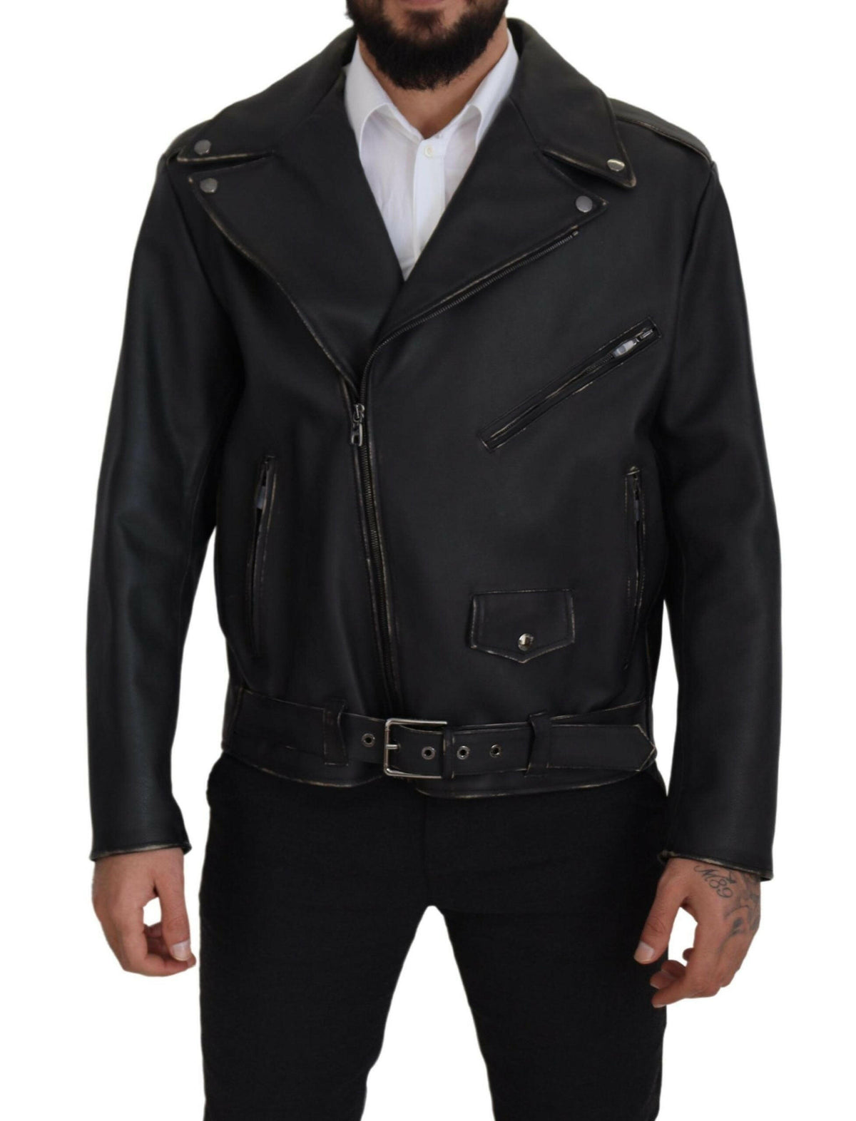 Dolce & Gabbana Black Leather Biker Coat Zipper Jacket -   -  Dolce & Gabbana.