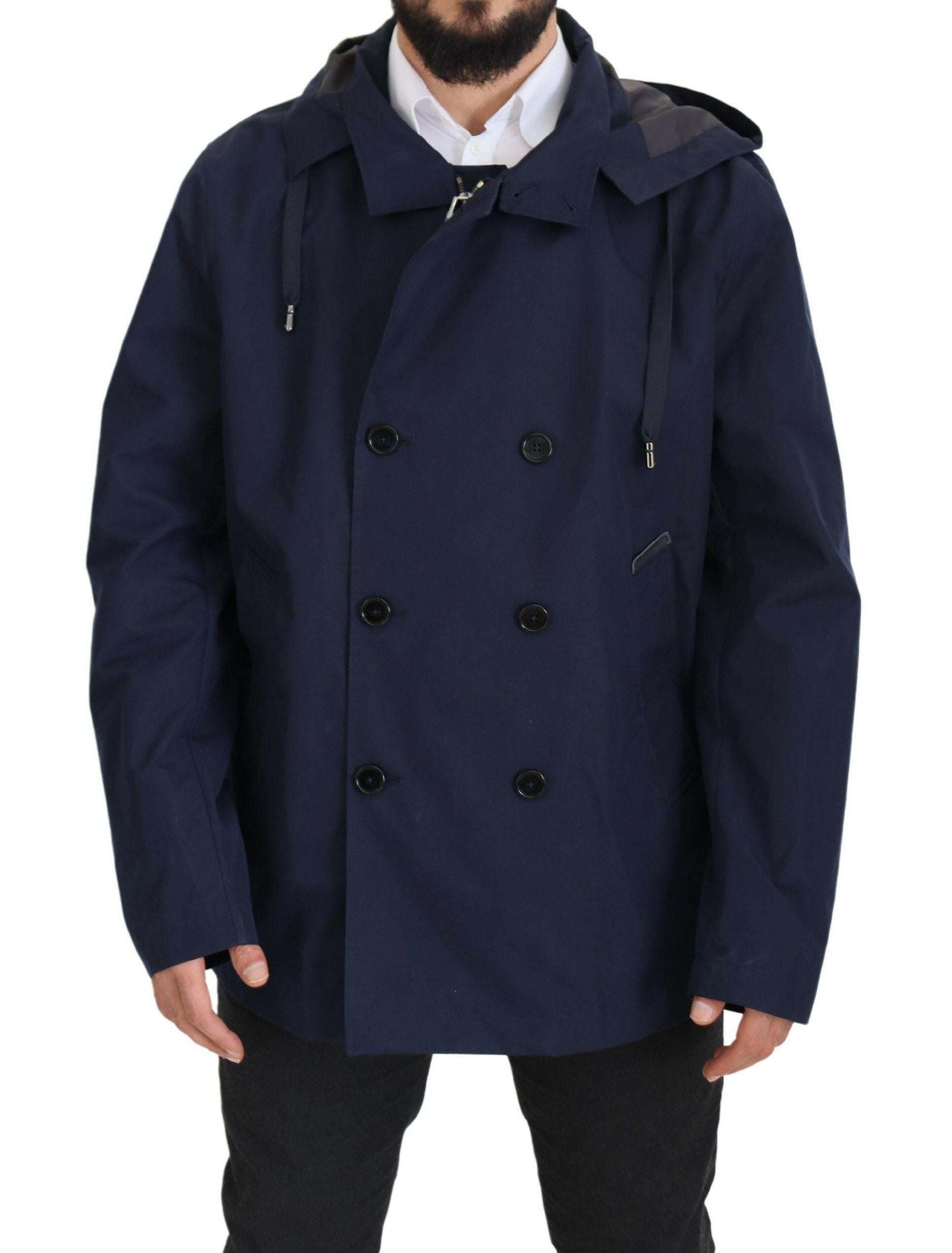 Dolce & Gabbana Blue Hooded Double Breasted Coat Jacket -   -  Dolce & Gabbana.