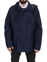 Dolce & Gabbana Blue Hooded Double Breasted Coat Jacket -   -  Dolce & Gabbana.