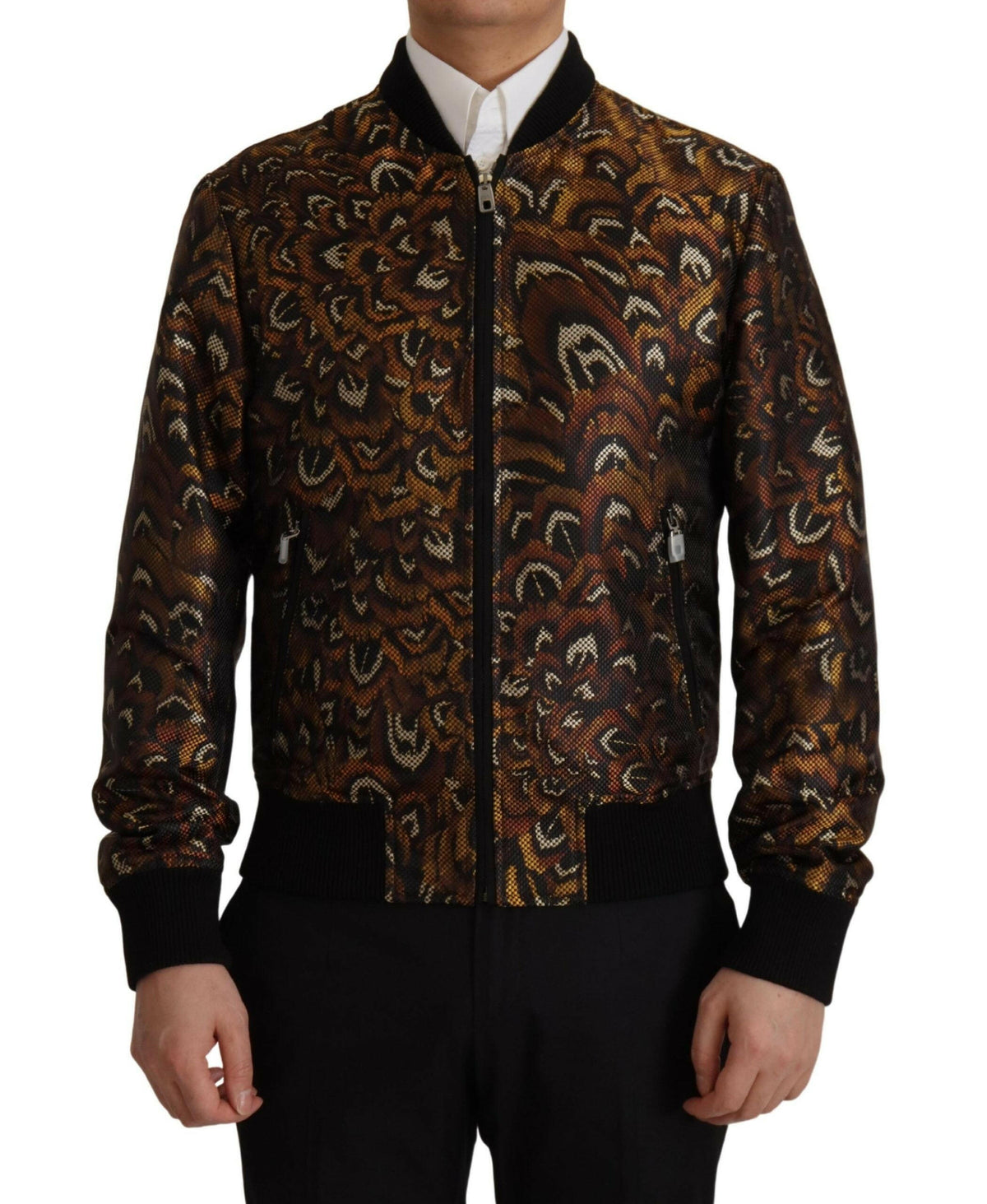 Dolce & Gabbana Brown Feather Full Zip Blouson Jacket -   -  Dolce & Gabbana.