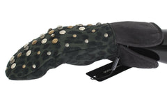 Dolce & Gabbana Gray Wool Shearling Studded Green Leopard Gloves -   -  Dolce & Gabbana.