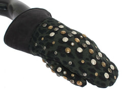 Dolce & Gabbana Gray Wool Shearling Studded Green Leopard Gloves -   -  Dolce & Gabbana.