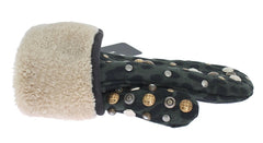 Dolce & Gabbana Gray Wool Shearling Studded Green Leopard Gloves -   -  Dolce & Gabbana.