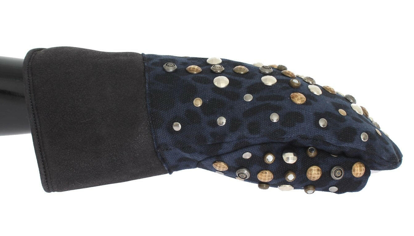 Dolce & Gabbana Gray Wool Shearling Studded Blue Leopard Gloves - - Dolce & Gabbana.