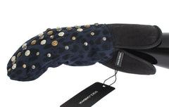 Dolce & Gabbana Gray Wool Shearling Studded Blue Leopard Gloves - - Dolce & Gabbana.