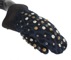Dolce & Gabbana Gray Wool Shearling Studded Blue Leopard Gloves - - Dolce & Gabbana.