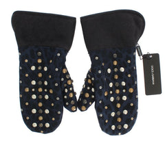 Dolce & Gabbana Gray Wool Shearling Studded Blue Leopard Gloves - - Dolce & Gabbana.