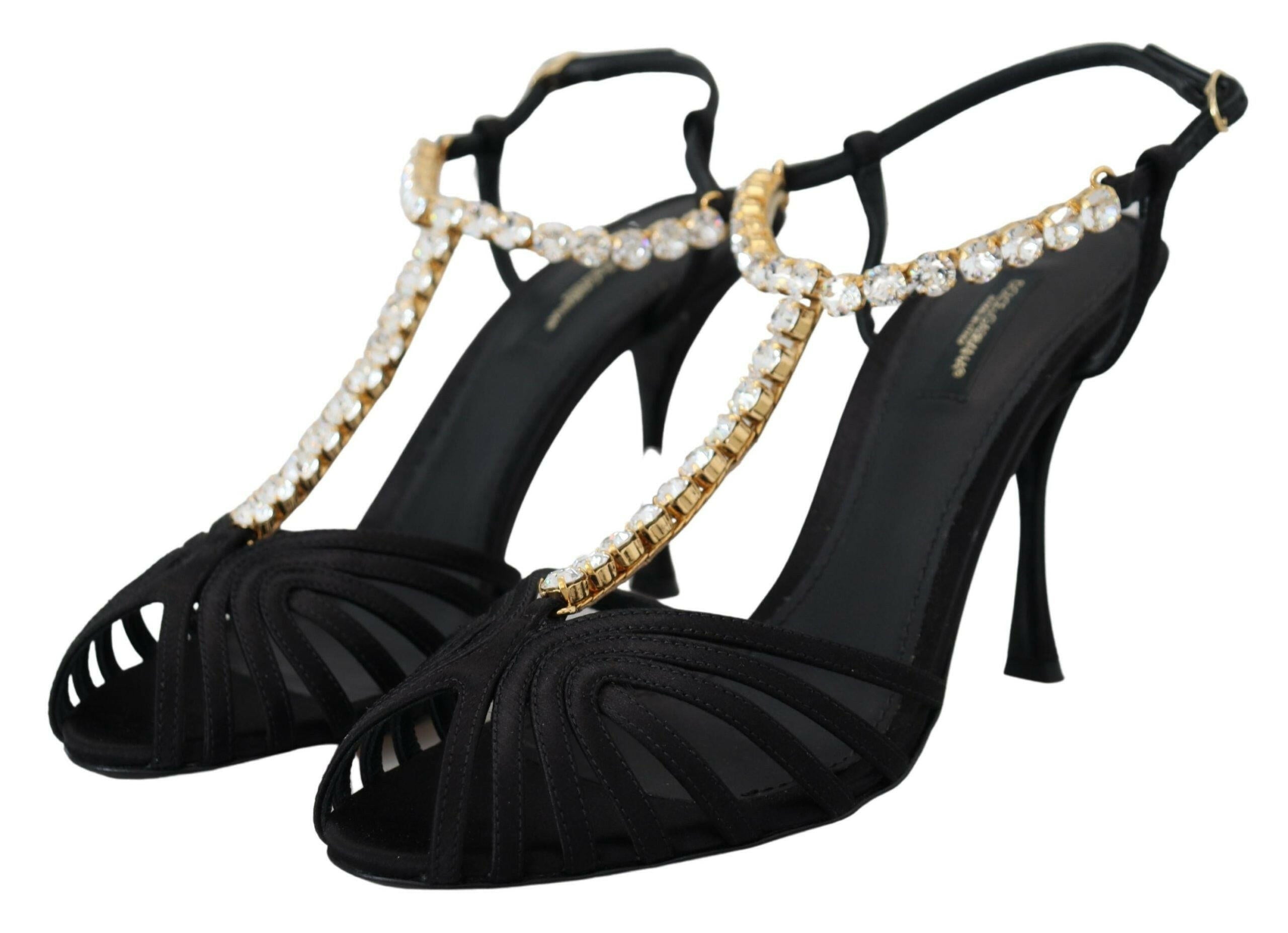 Dolce & Gabbana Black Satin Clear Crystal T-strap Sandal Shoes -   -  Dolce & Gabbana. Dolce & Gabbana Black Satin Clear Crystal T-strap Sandal Shoes -   -  Dolce & Gabbana.