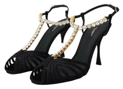 Dolce & Gabbana Black Satin Clear Crystal T-strap Sandal Shoes -   -  Dolce & Gabbana.