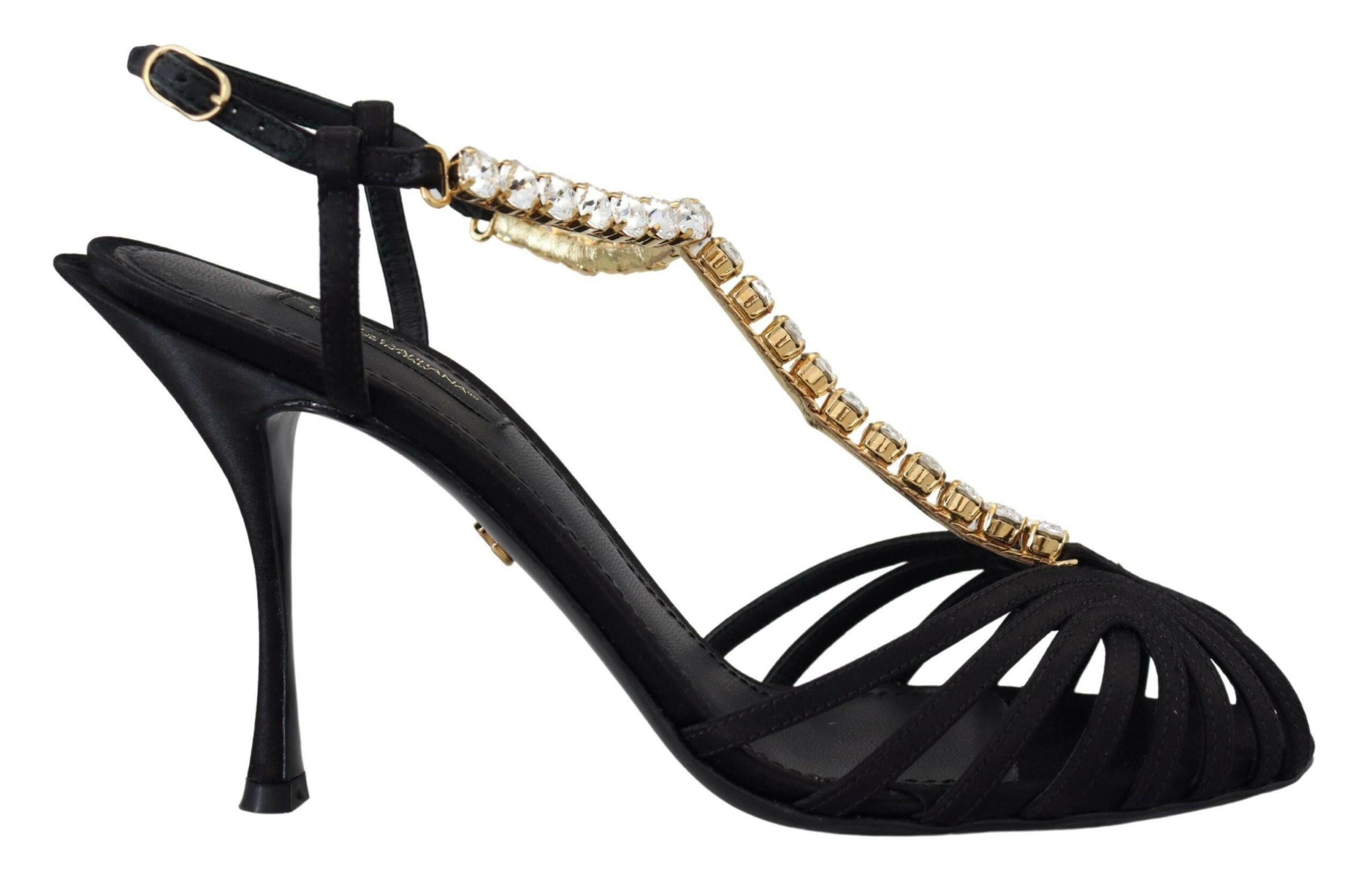 Dolce & Gabbana Black Satin Clear Crystal T-strap Sandal Shoes -   -  Dolce & Gabbana.