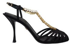 Dolce & Gabbana Black Satin Clear Crystal T-strap Sandal Shoes -   -  Dolce & Gabbana.