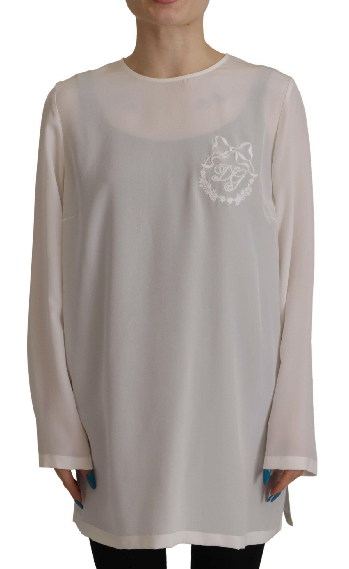 Dolce & Gabbana White Silk DG Logo Embroidered Long Sleeves Blouse -   -  Dolce & Gabbana.