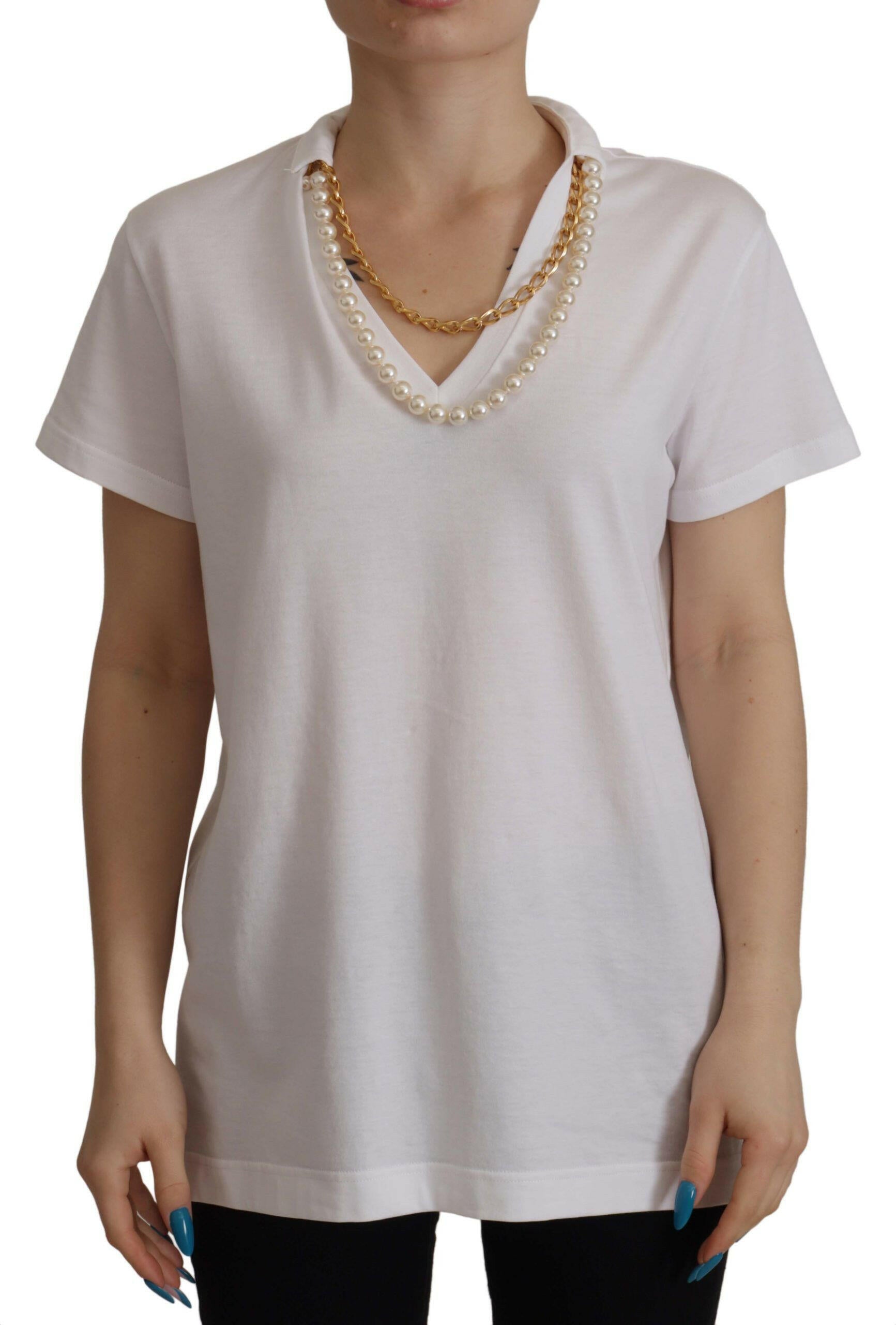 Dolce & Gabbana White Necklace Embellished Neckline T-shirt Top -   -  Dolce & Gabbana.