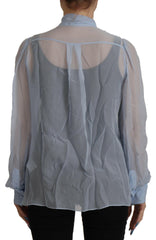Dolce & Gabbana Light Blue Silk Ascot Collar Long Sleeves Top -   -  Dolce & Gabbana.