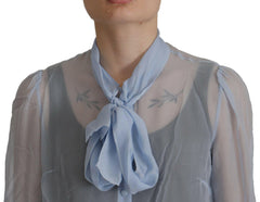 Dolce & Gabbana Light Blue Silk Ascot Collar Long Sleeves Top -   -  Dolce & Gabbana.
