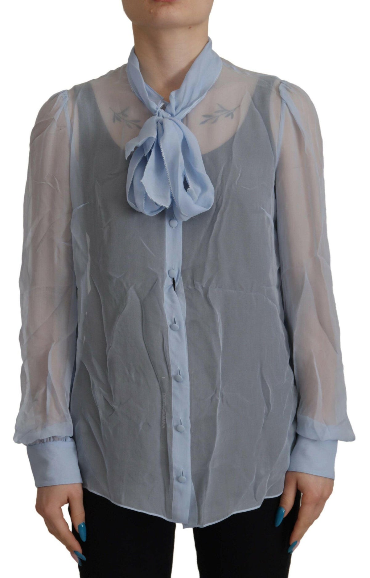 Dolce & Gabbana Light Blue Silk Ascot Collar Long Sleeves Top -   -  Dolce & Gabbana.