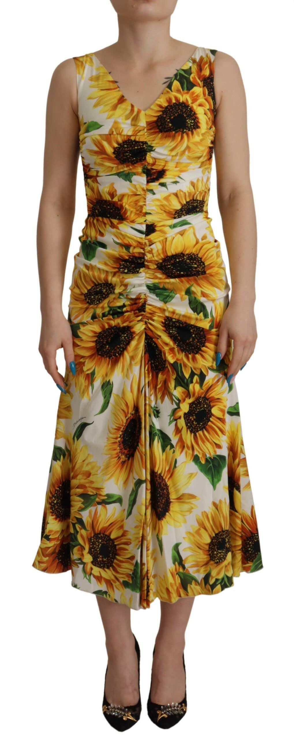 Dolce & Gabbana White Sunflower Print Sheath Midi Silk -   -  Dolce & Gabbana.