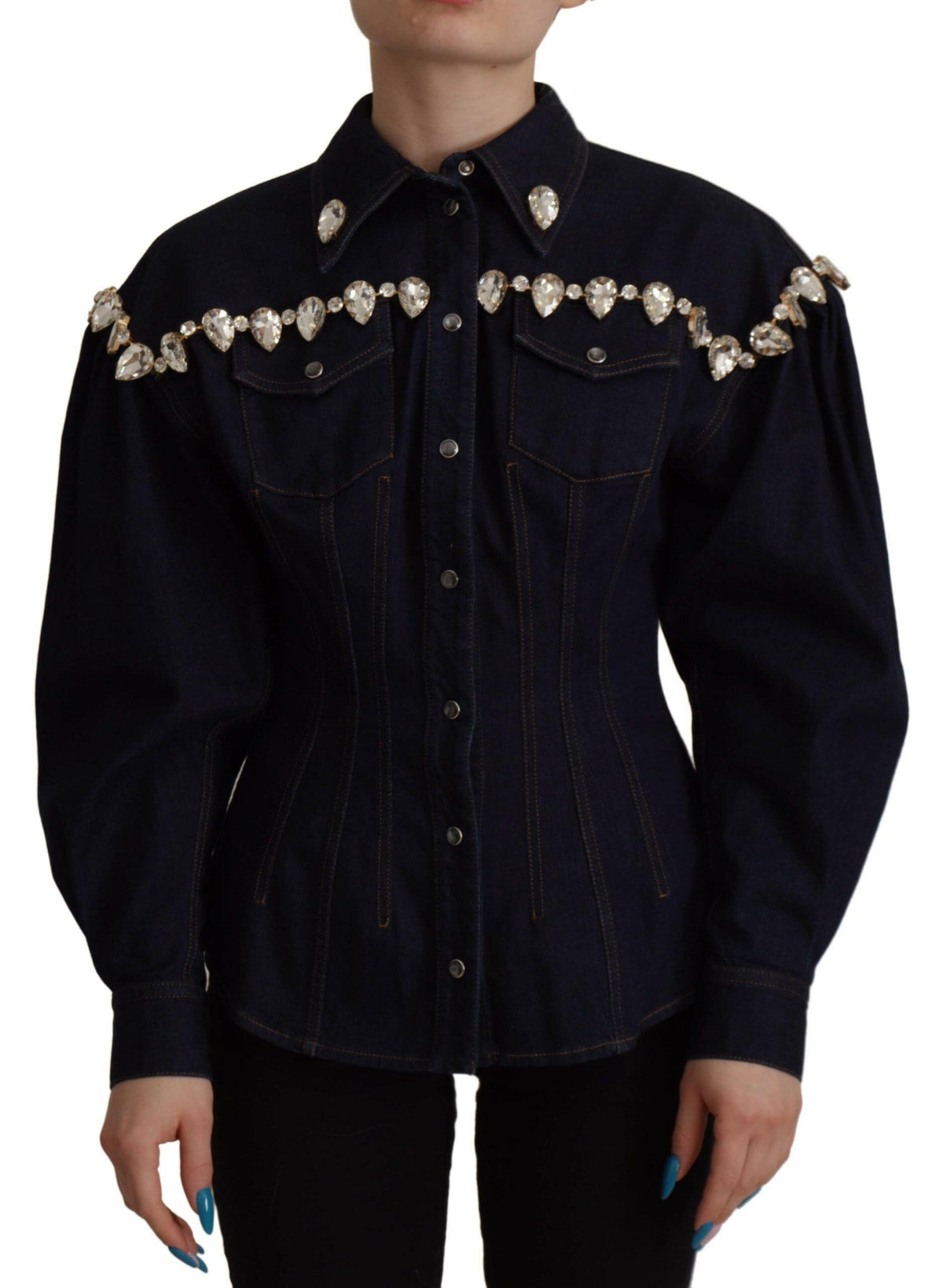 Dolce & Gabbana Blue Denim Crystal Embellish Cotton Jacket -   -  Dolce & Gabbana.