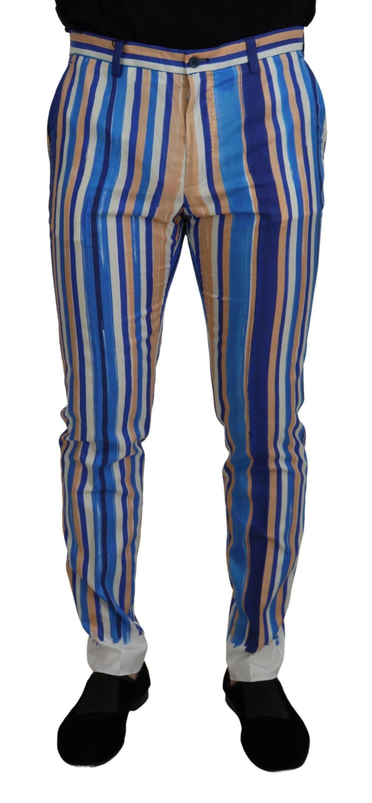 Dolce & Gabbana Blue Striped Silk Cotton Slim Trousers Pants -   -  Dolce & Gabbana.