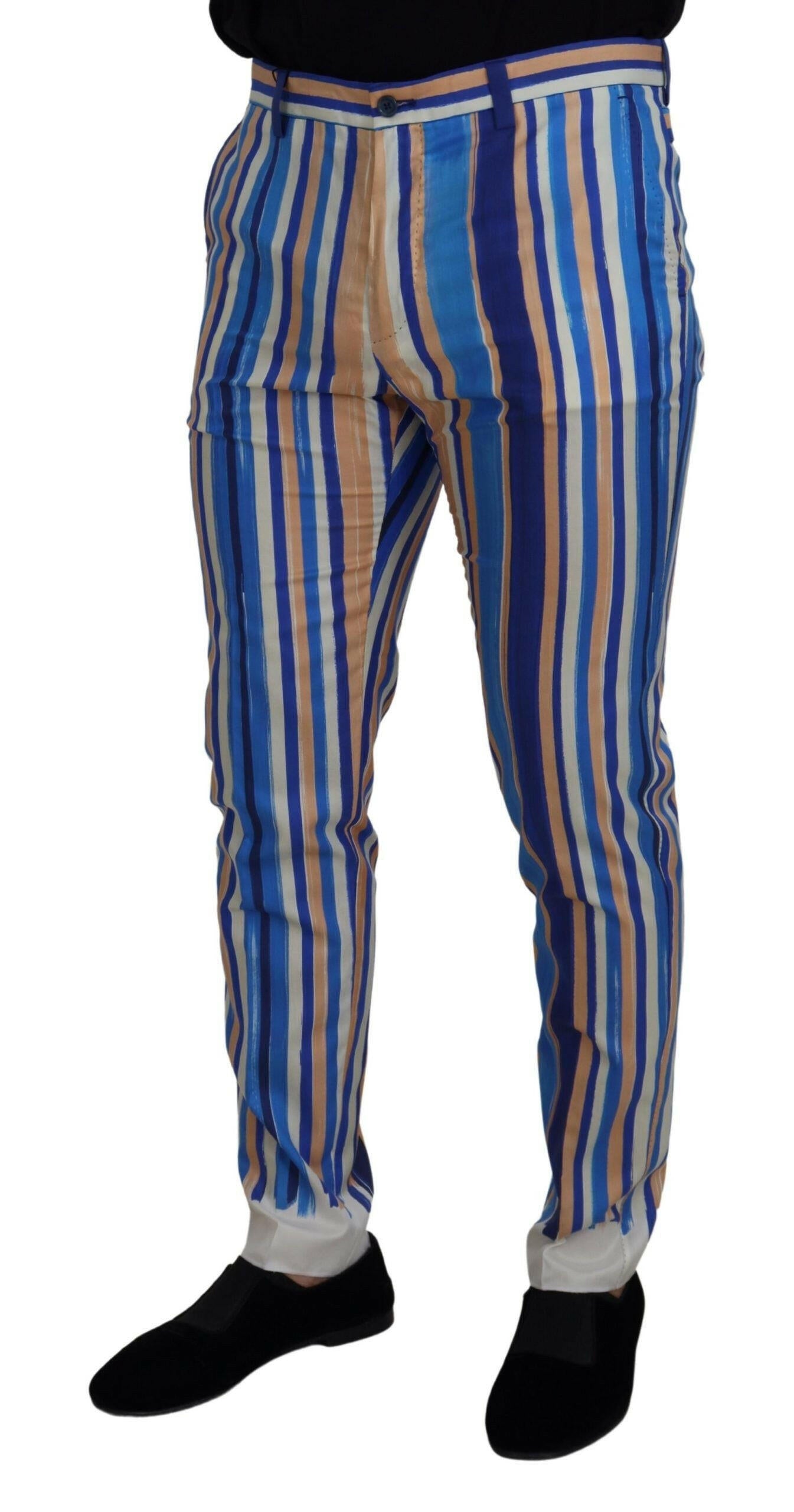 Dolce & Gabbana Blue Striped Silk Cotton Slim Trousers Pants -   -  Dolce & Gabbana. Dolce & Gabbana Blue Striped Silk Cotton Slim Trousers Pants -   -  Dolce & Gabbana.