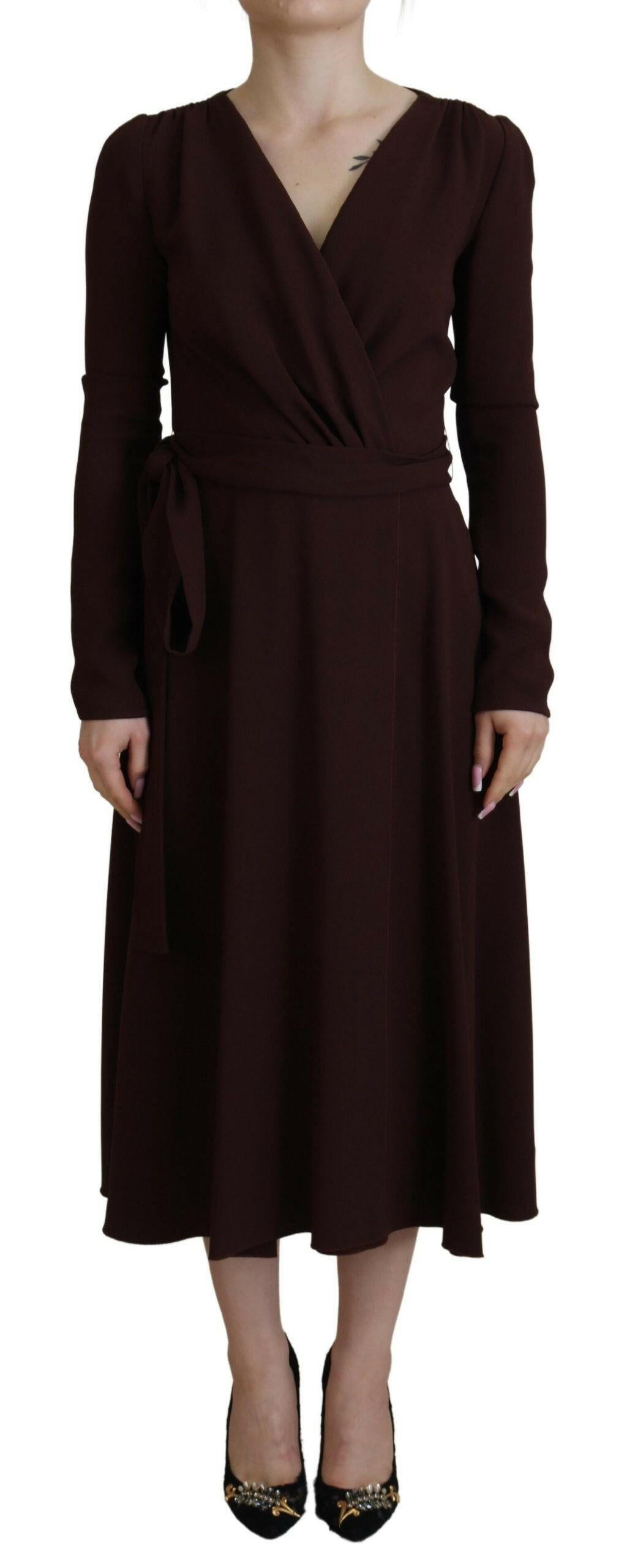 Dolce & Gabbana Brown Wrap Long Sleeve Midi Stretch Dress -   -  Dolce & Gabbana.