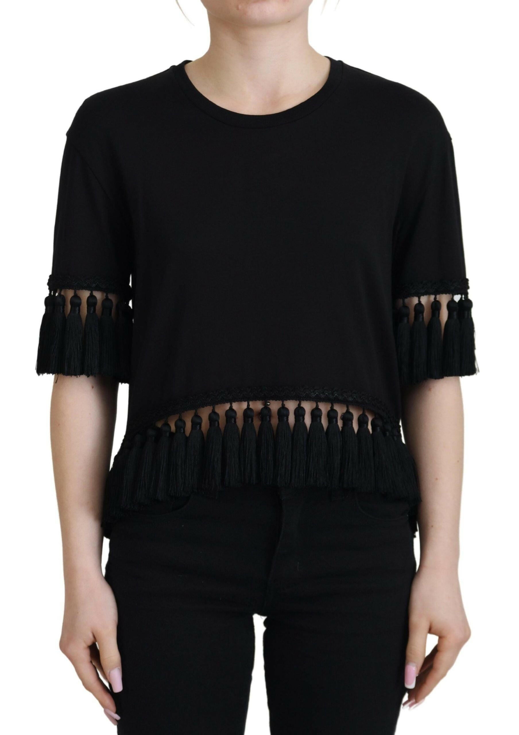 Dolce & Gabbana Black T-shirt Blouse Tassle Cotton Blouse -   -  Dolce & Gabbana.