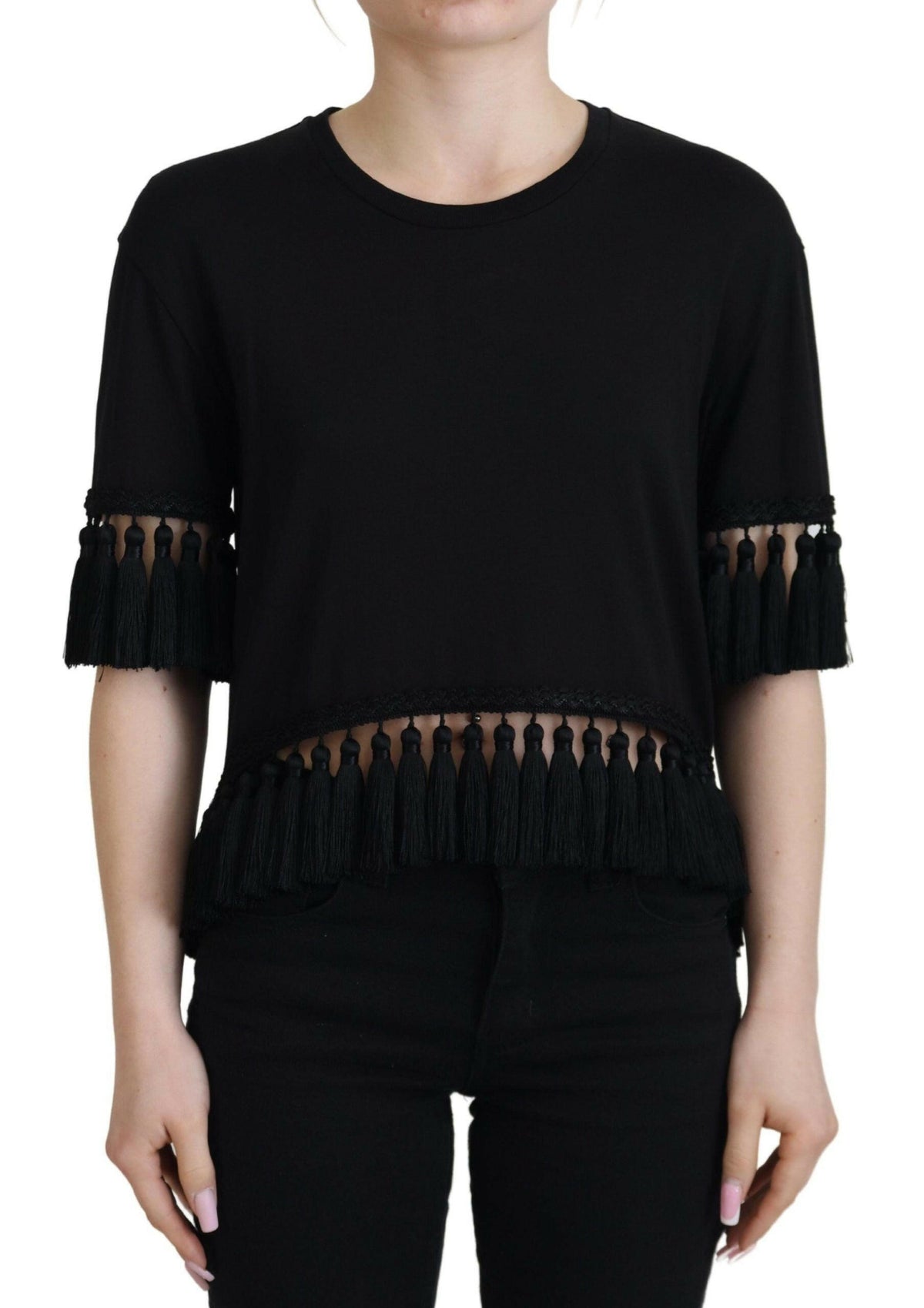 Dolce & Gabbana Black T-shirt Blouse Tassle Cotton Blouse -   -  Dolce & Gabbana.