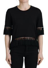 Dolce & Gabbana Black T-shirt Blouse Tassle Cotton Blouse -   -  Dolce & Gabbana.
