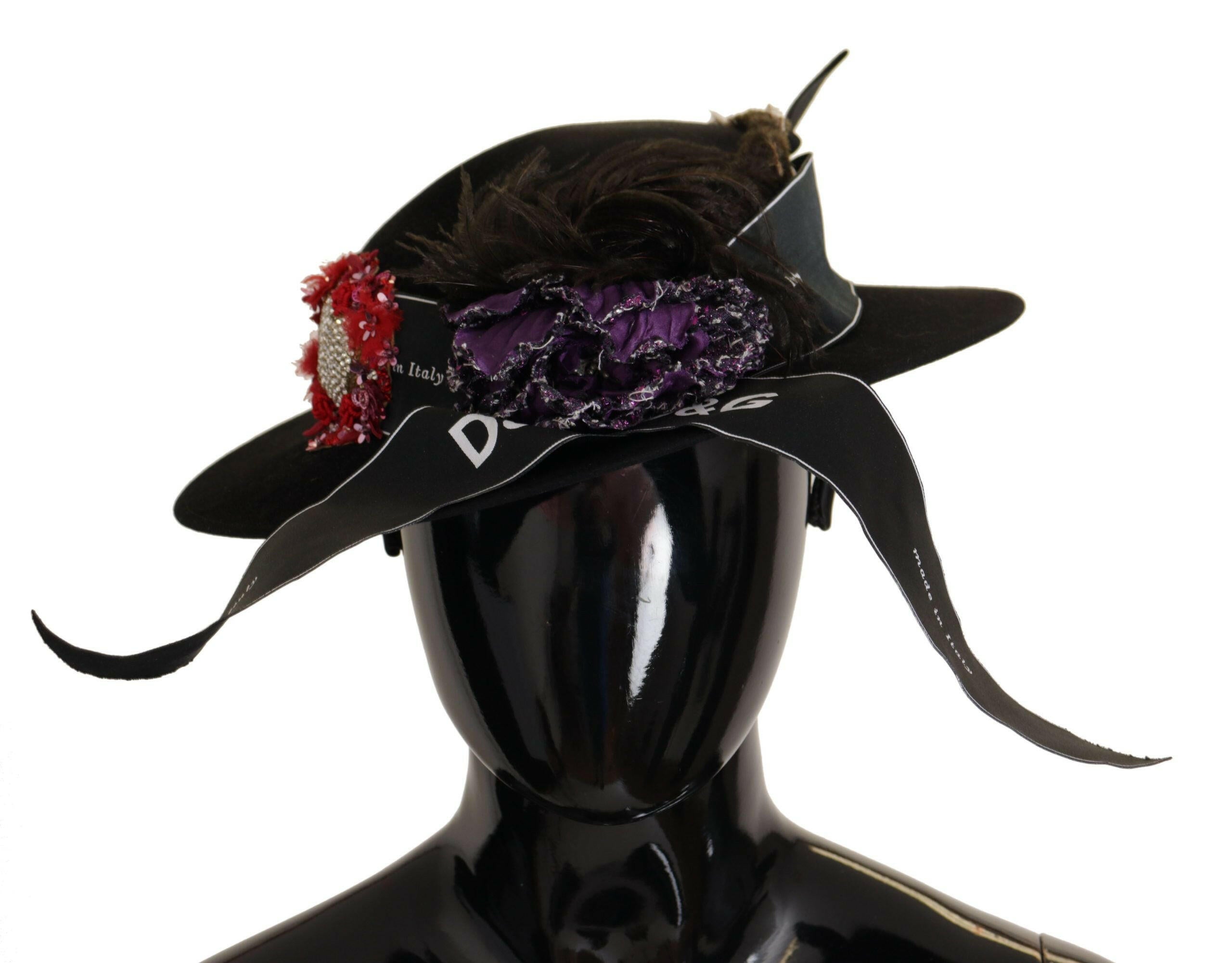 Dolce & Gabbana Black Lapil Crystal Heart Feather Brooch Fedora Hat -   -  Dolce & Gabbana.