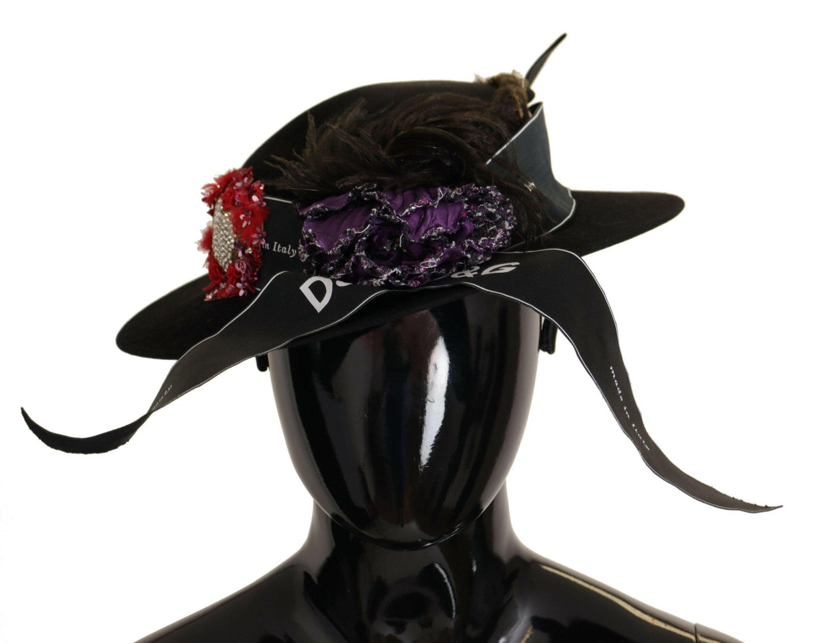Dolce & Gabbana Black Lapil Crystal Heart Feather Brooch Fedora Hat -   -  Dolce & Gabbana.