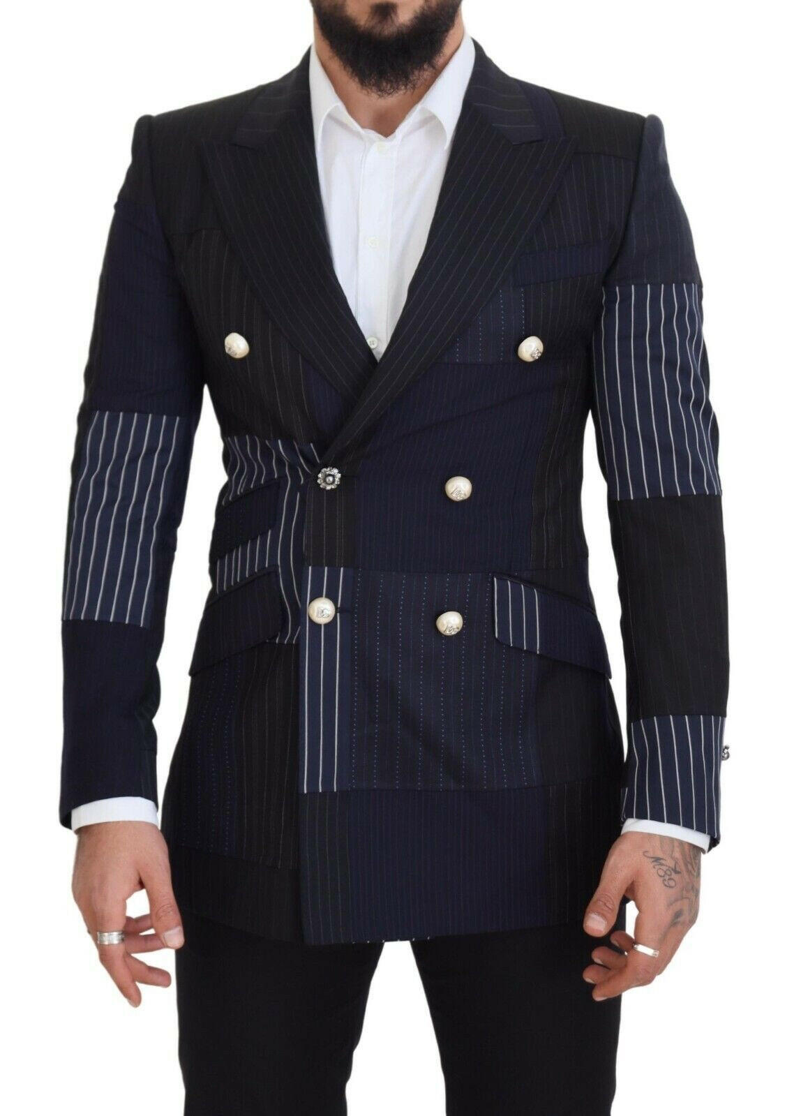 Dolce & Gabbana Blue Wool Patchwork Double Breasted Blazer -   -  Dolce & Gabbana.
