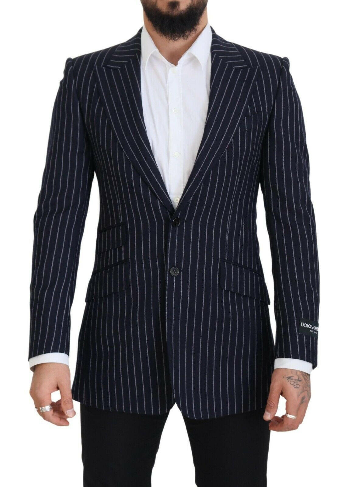 Dolce & Gabbana Dark Blue Stripe Wool Single Breasted Blazer -   -  Dolce & Gabbana.