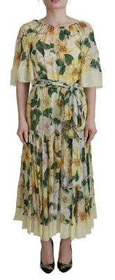 Dolce & Gabbana Yellow Floral Print Pleated Maxi Silk Dress -   -  Dolce & Gabbana.