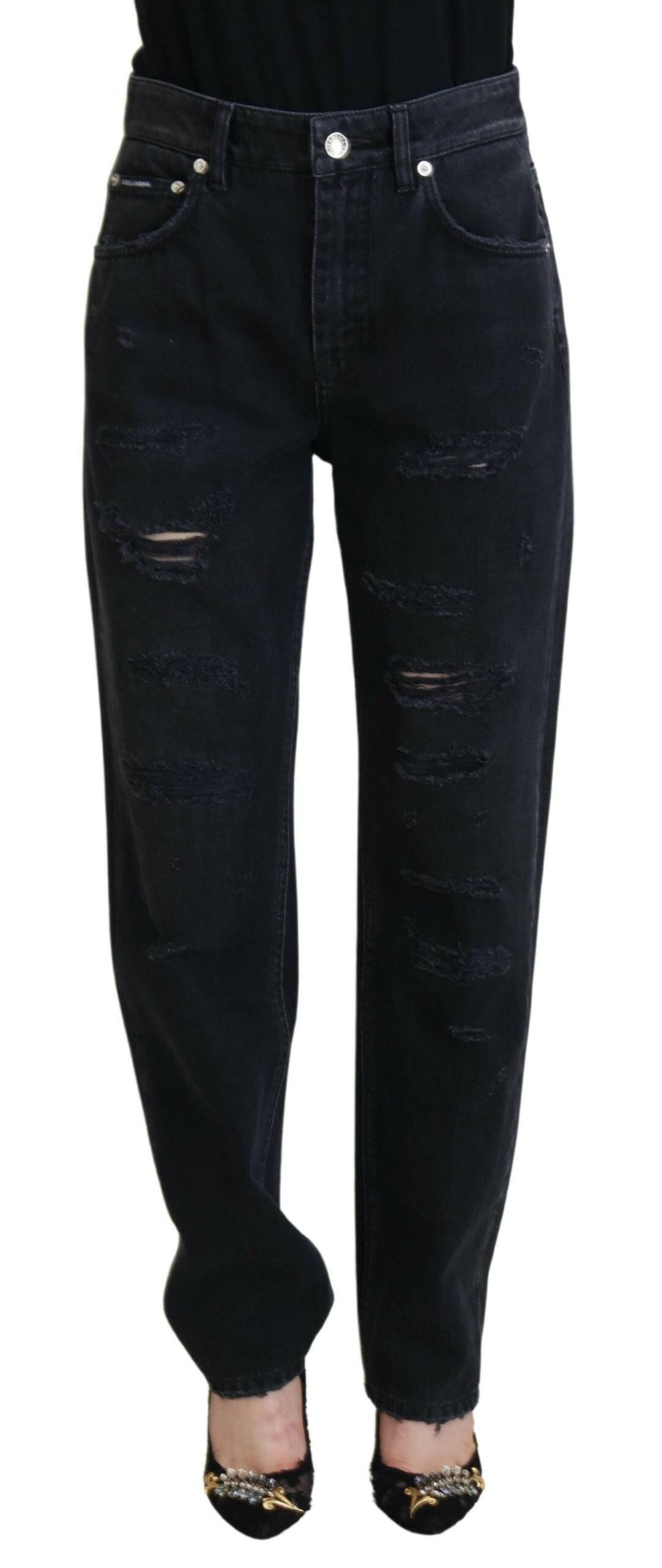 Dolce & Gabbana Black Cotton Tattered High Waist Denim Jeans -   -  Dolce & Gabbana.