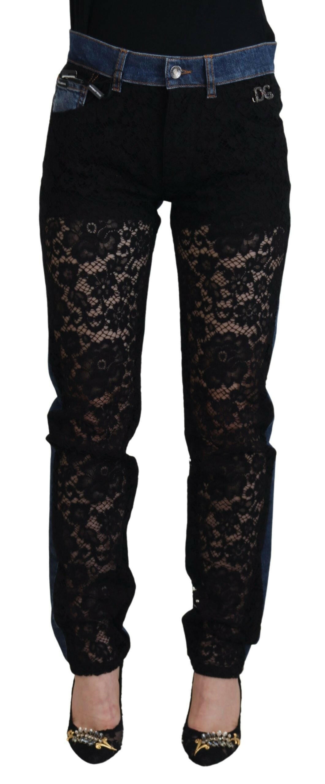 Dolce & Gabbana Black Floral Lace Front Skinny Denim Jeans -   -  Dolce & Gabbana.