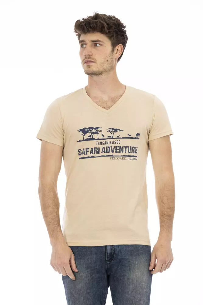 Trussardi Action Beige Cotton Men V-Neck T-Shirt - - Trussardi Action.