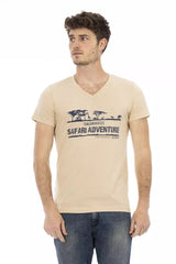 Trussardi Action Beige Cotton Men V-Neck T-Shirt - - Trussardi Action.