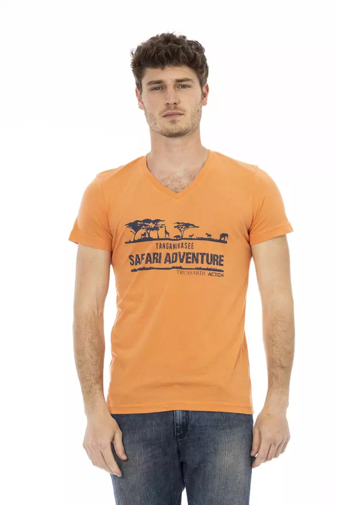 Trussardi Action Orange Cotton Men V-Neck T-Shirt - - Trussardi Action.
