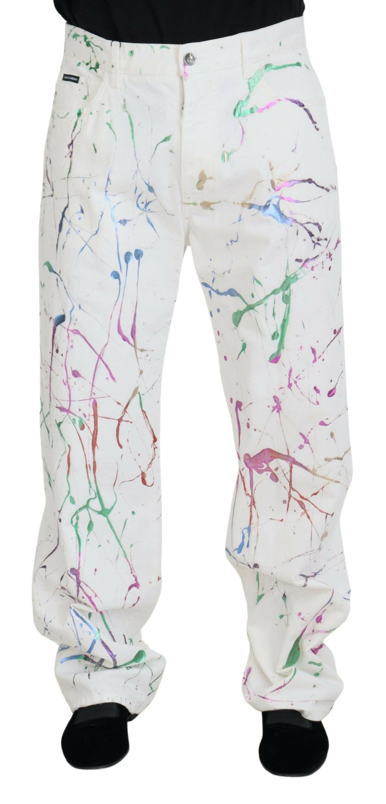 Dolce & Gabbana White Cotton Color Splash Print Denim Pants -   -  Dolce & Gabbana.